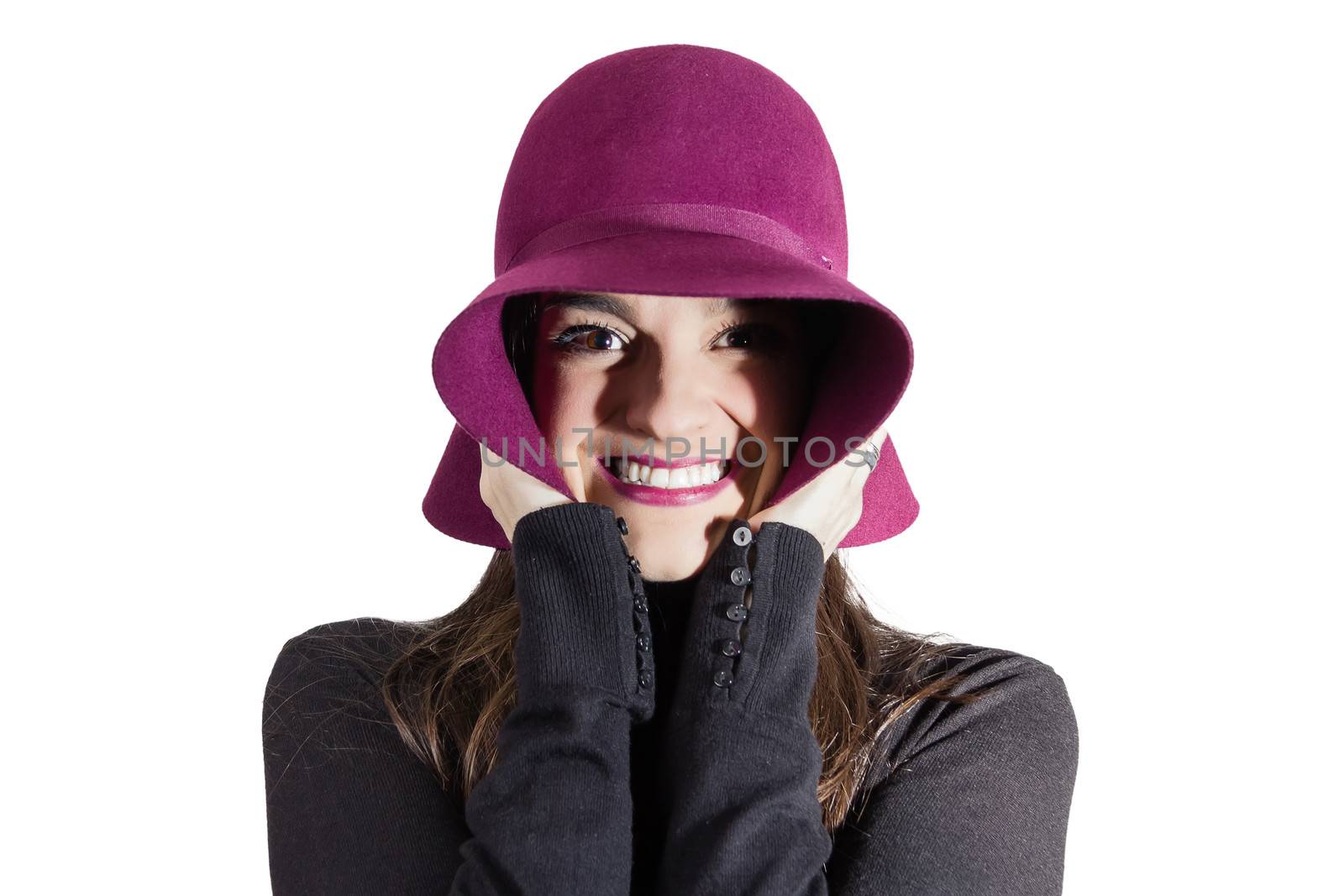 Portrait of beautiful young girl with a garnet hat in her head, isolated on white background