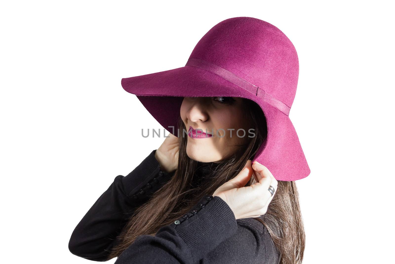 Portrait of beautiful young girl with a garnet hat in her head, isolated on white background