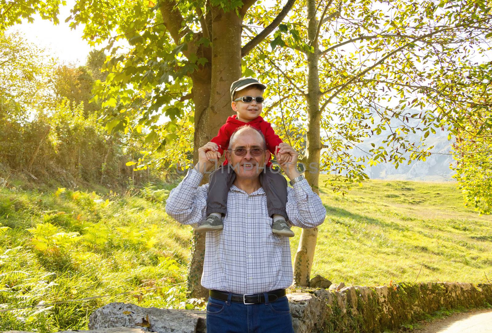 Happiness grandfather holding grandchild on his shoulders in front of a tree