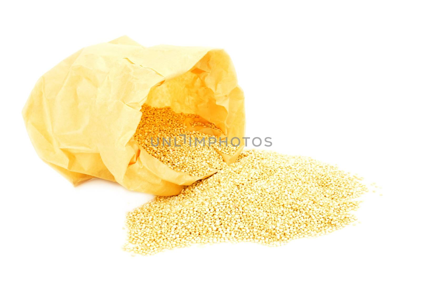 ecological quinoa in paper bag isolated on white background