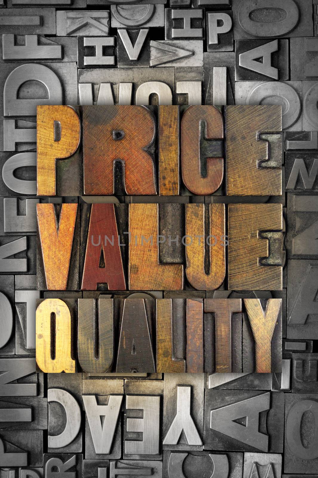 The words PRICE VALUE QUALITY written in vintage letterpress type