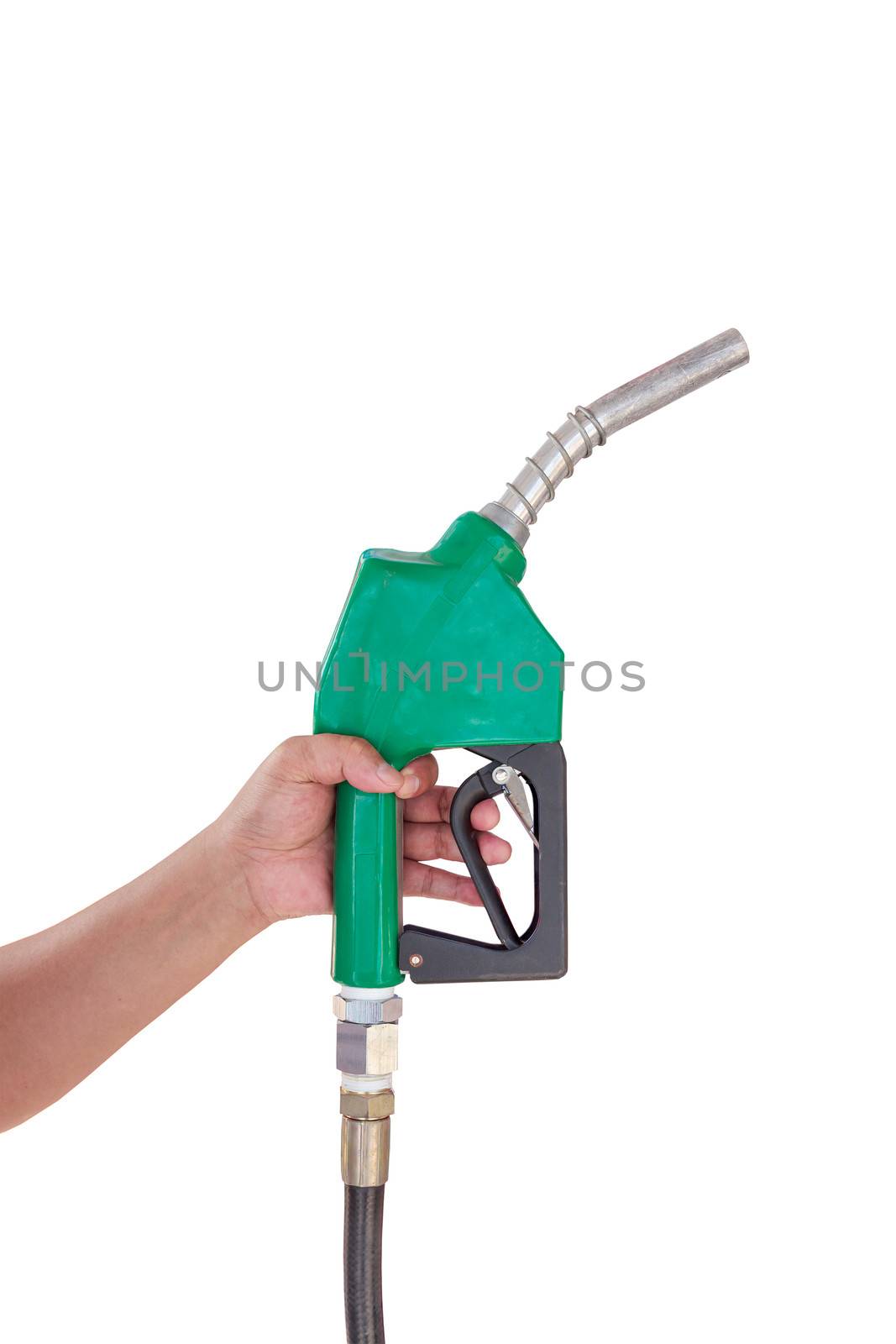 Male hand holding gas with pump isolated on white