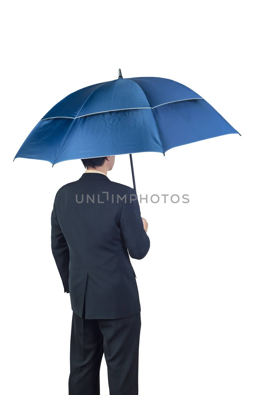 Businessman and umbrella on white background