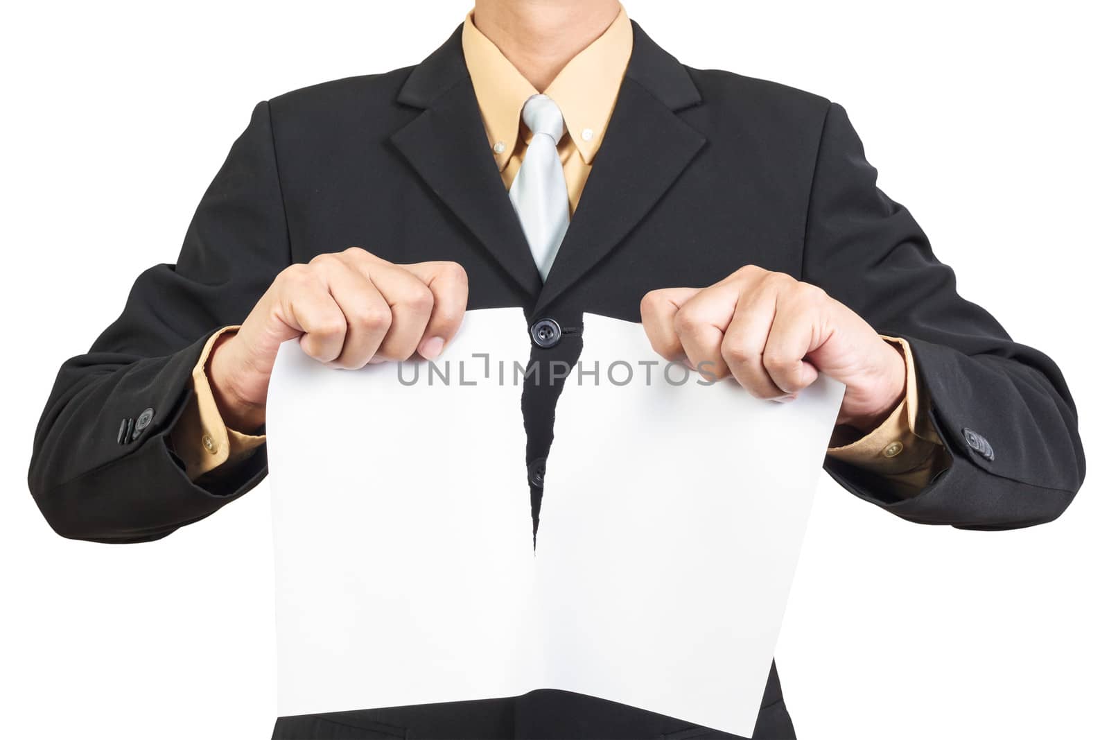 Businessman tearing sheet white paper on white background