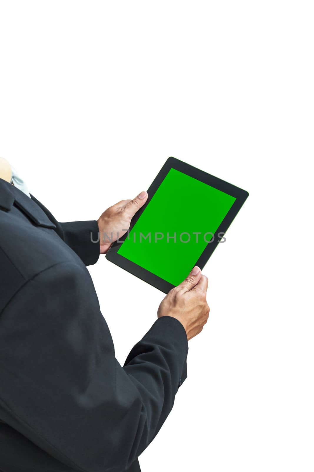 business man holding digital tablet, green screen on white background