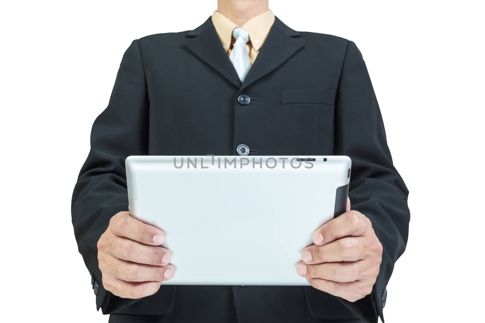 businessman working and holding digital tablet on white background