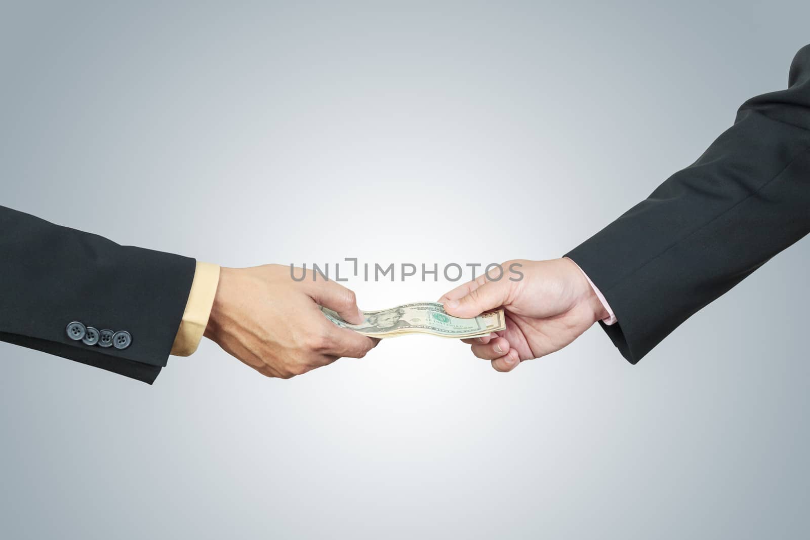 businessman hand and money to other for corruption concept on white background