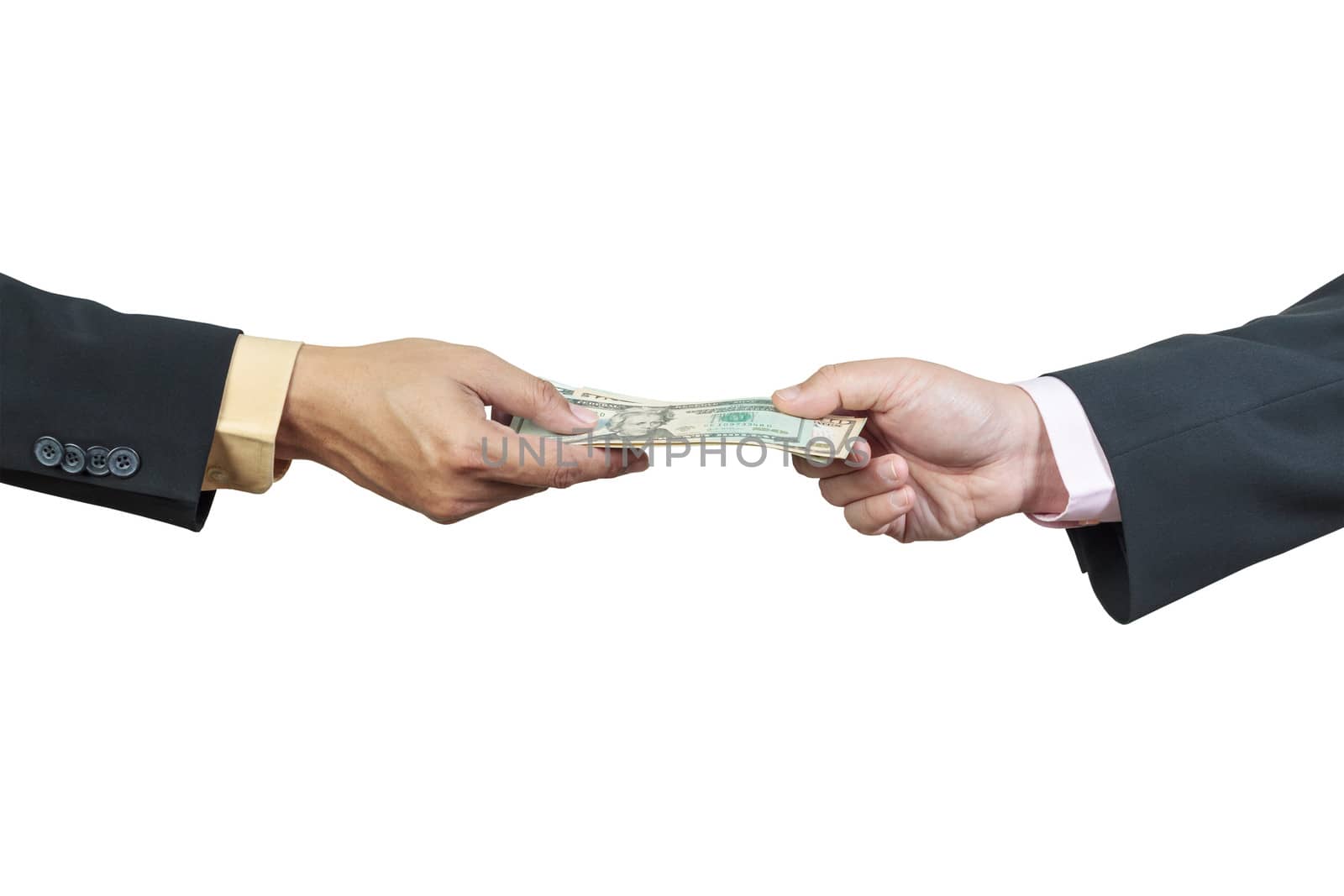 businessman hand and money to other for corruption concept on white background