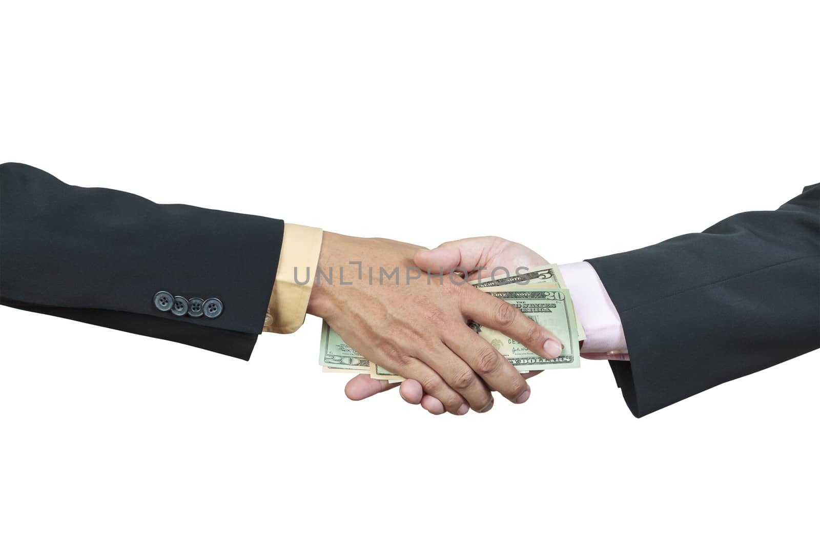 businessman hand and money to other for corruption concept on white background
