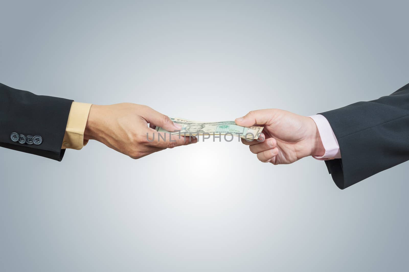 businessman hand and money to other for corruption concept on white background
