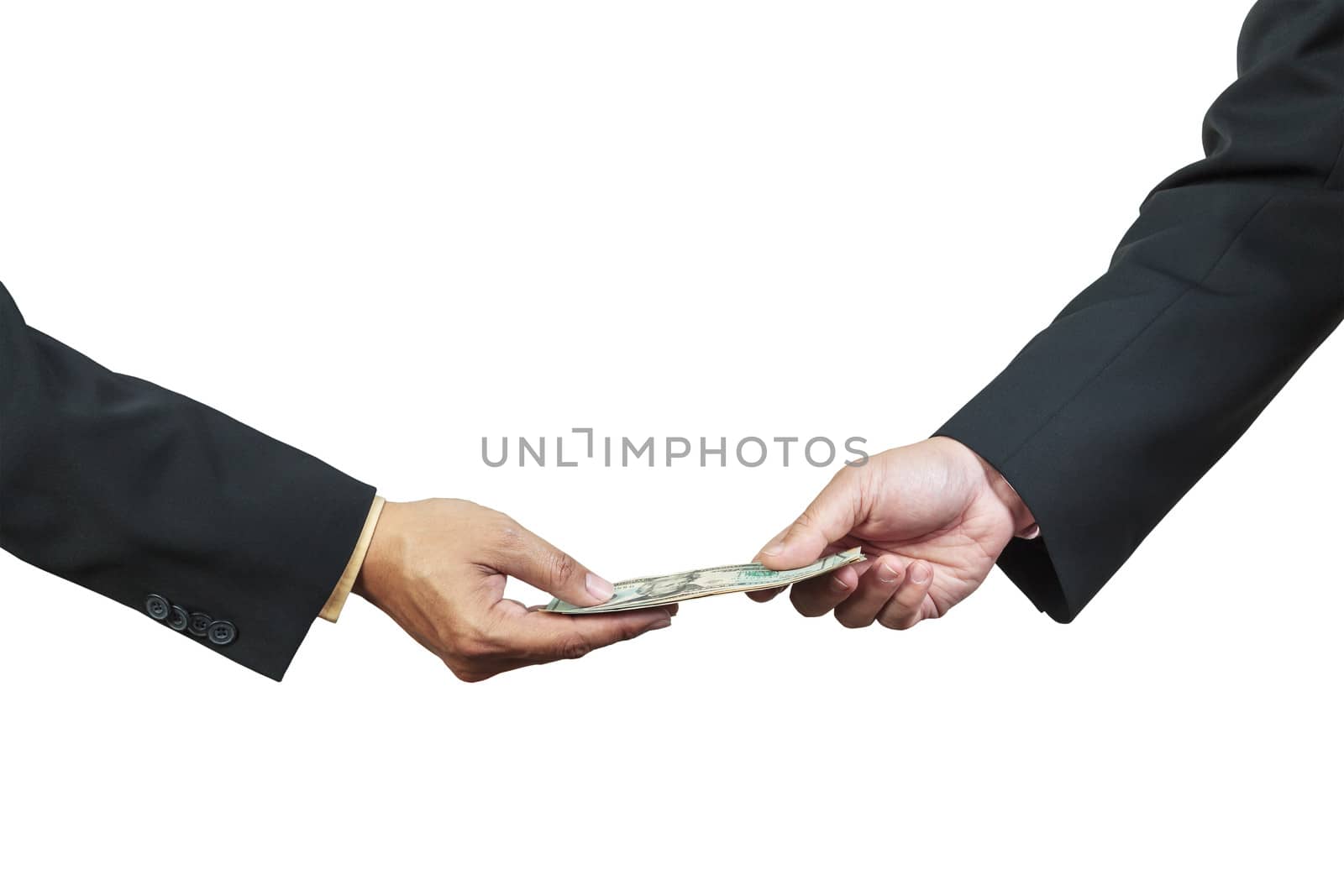 businessman hand and money to other for corruption concept on white background