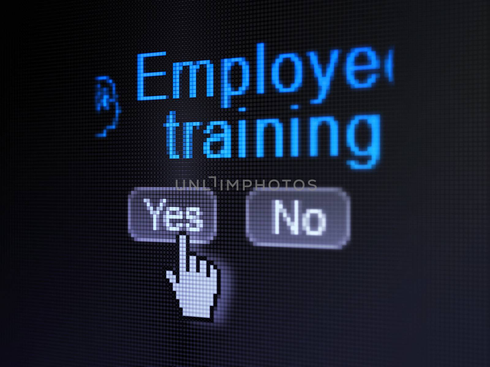 Education concept: buttons yes and no with pixelated Head With Finance Symbol icon, word Employee Training and Hand cursor on digital computer screen, selected focus 3d render
