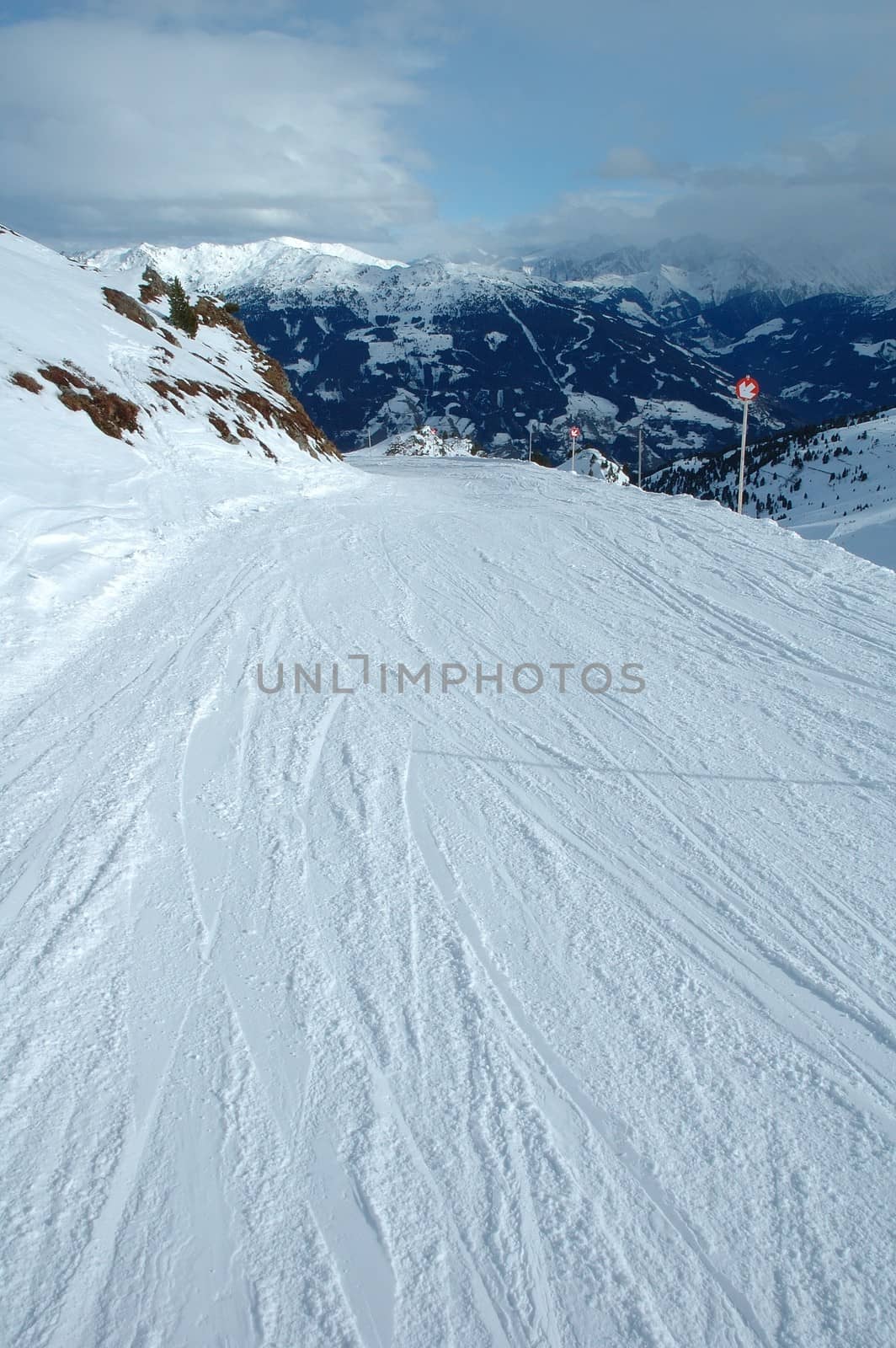 Slope in Alps nearby Kaltenbach in Zillertal valley in Austria