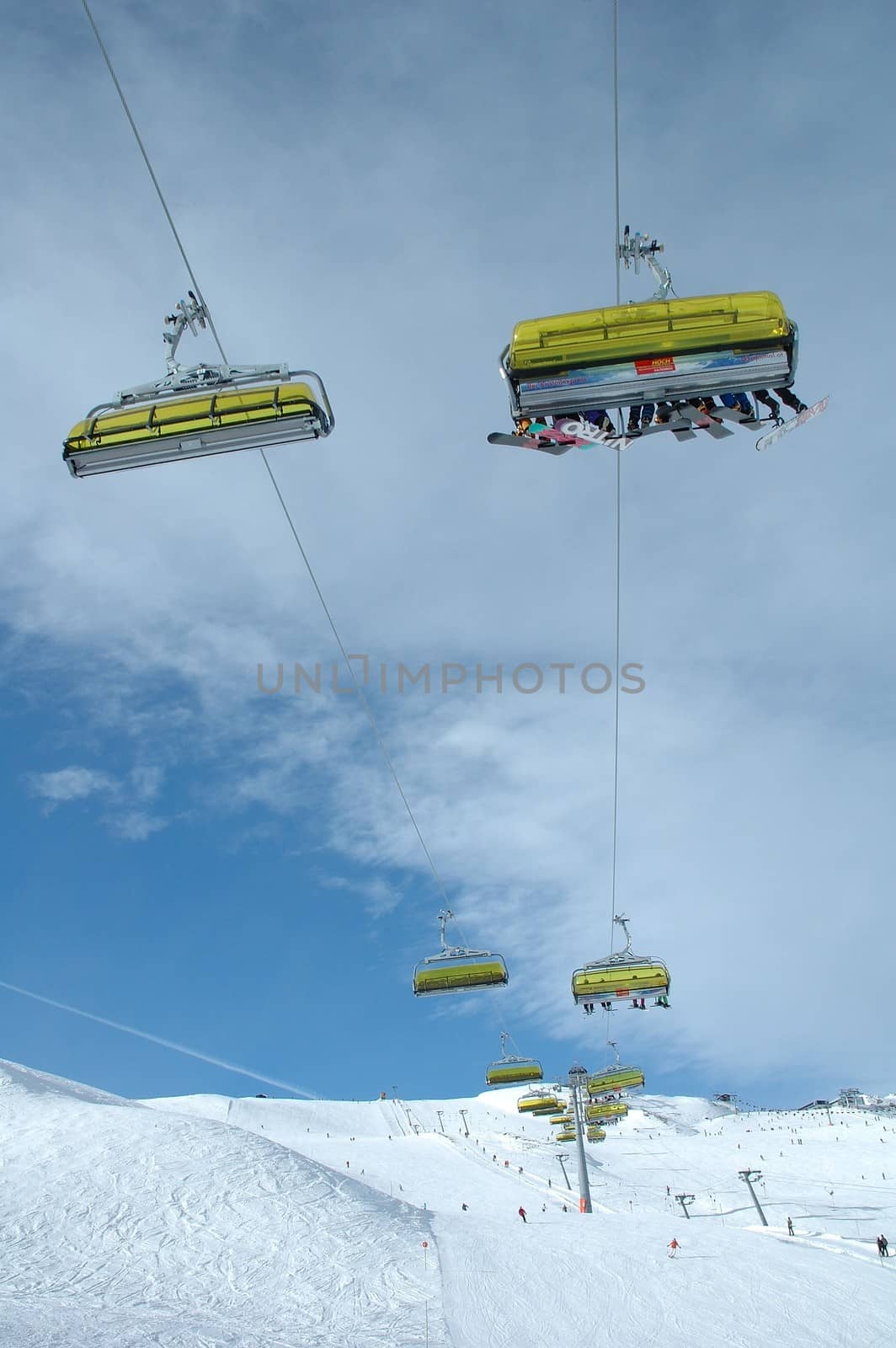 Kaltenbach, Austria - February 04: Ski lifts and unidentified skiers on Ofelerjoch nearby Kaltenbach in Zillertal in Austria