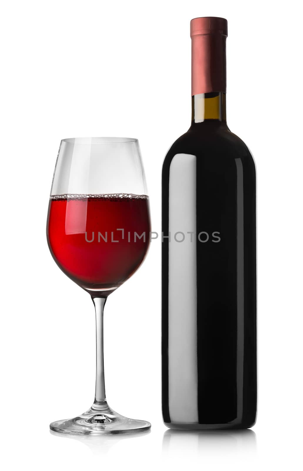 Glass and bottle of red wine isolated on white background