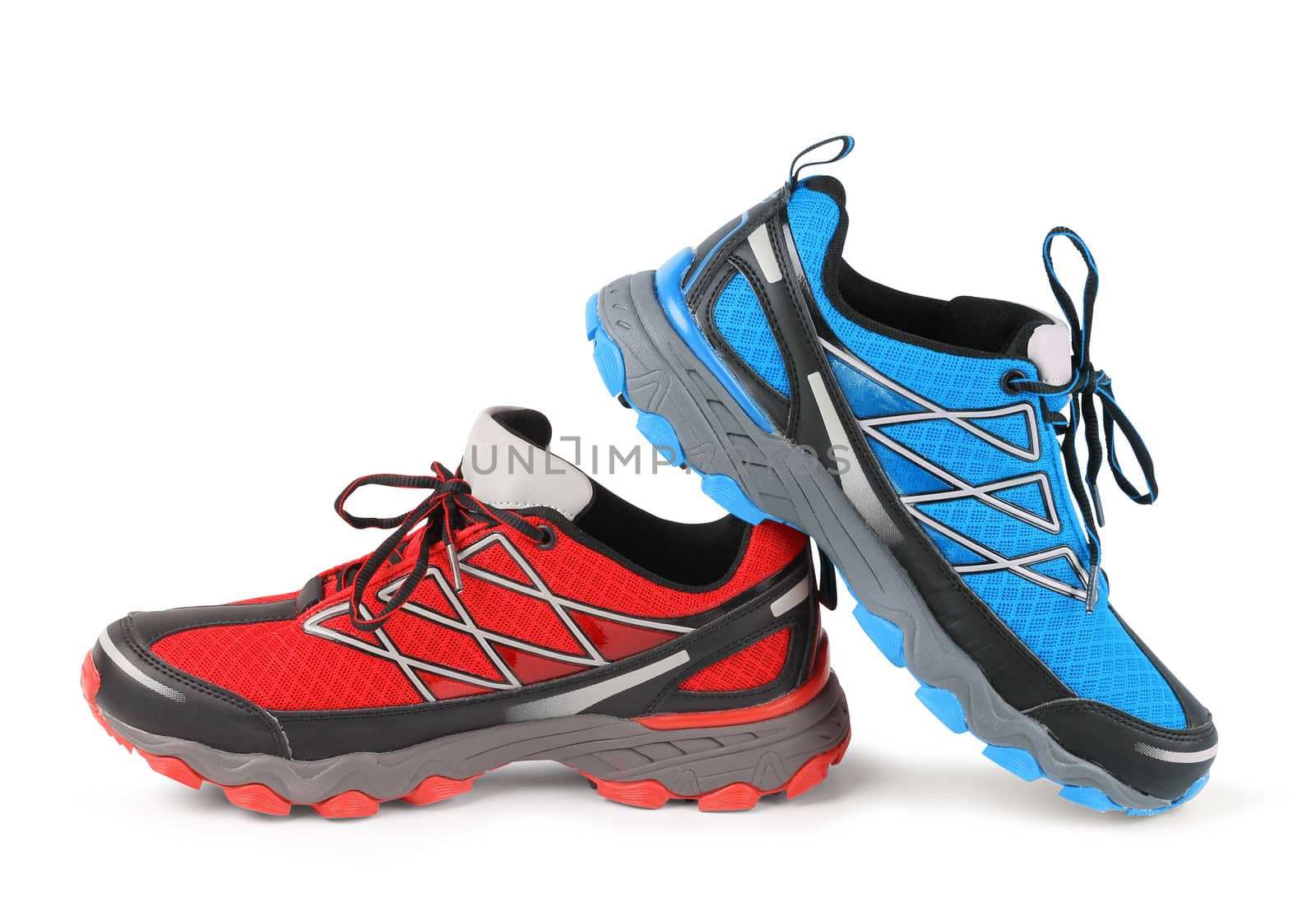 Red and blue running sport shoes isolated on white background