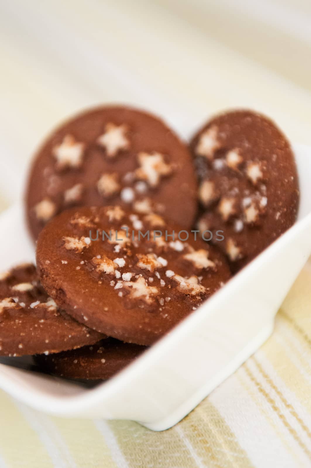 Detail of Christmas holiday dark chocolate cookies with white stars