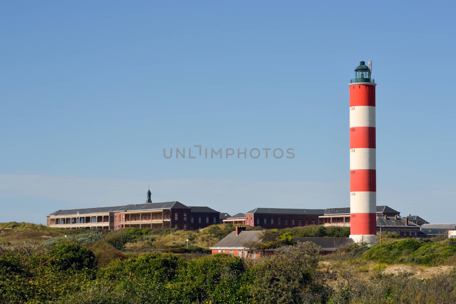 View of the maritime hospital and Berck lighthouse in France