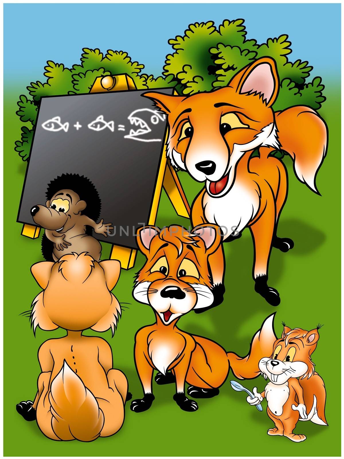 Foxes in School - Cartoon Illustration, Bitmap
