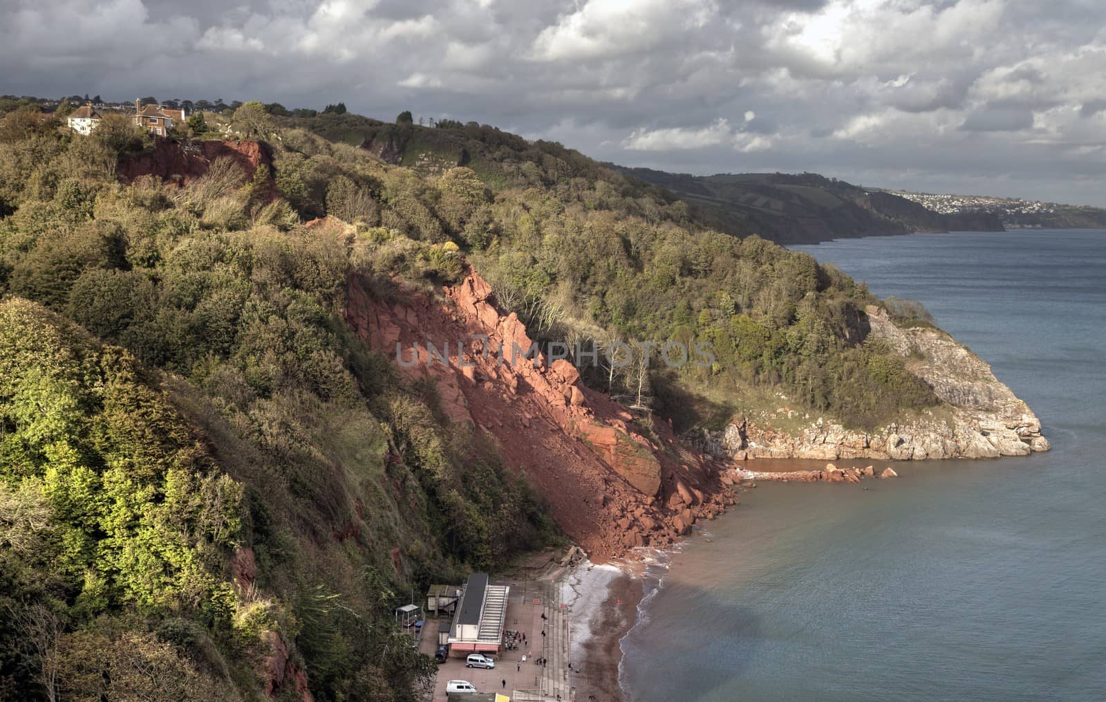 Coastal erosion at Babbacombe Beach, Devon, England.