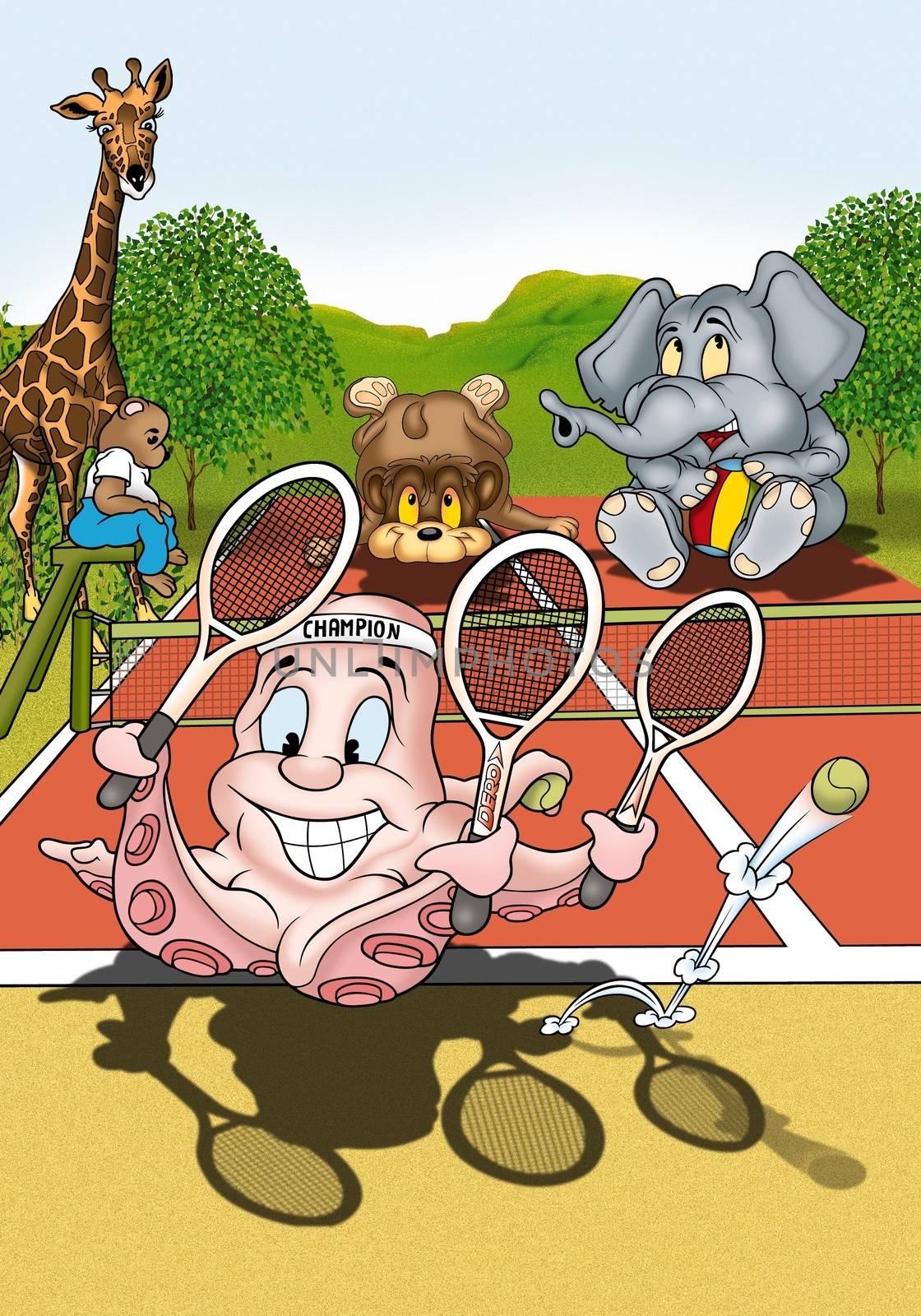 Octopus Tennis Player - Cartoon Illustration, Bitmap