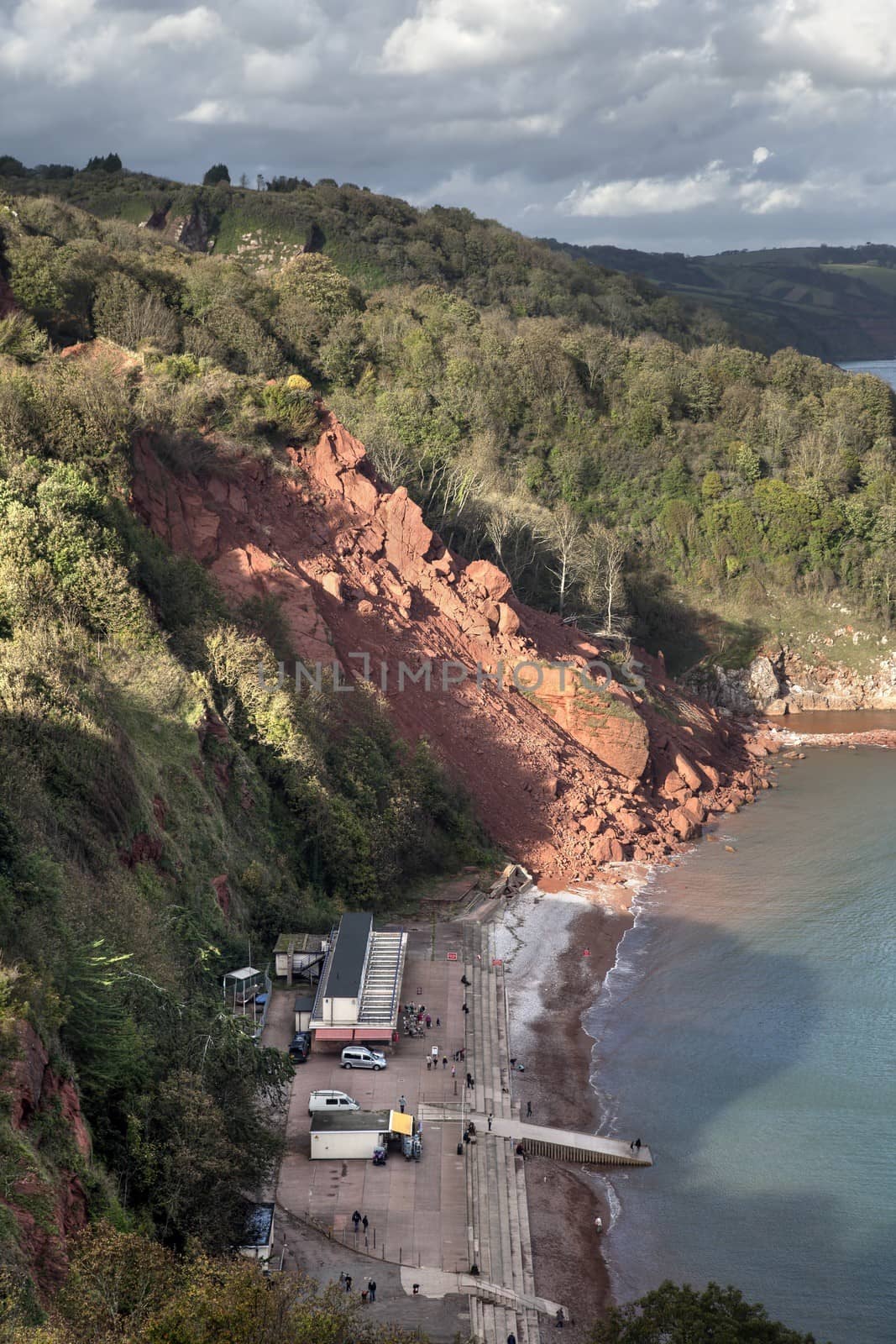 Coastal erosion at Babbacombe Beach, Devon, England.