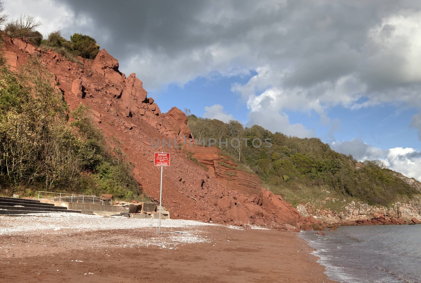 Coastal erosion at Babbacombe Beach, Devon, England.