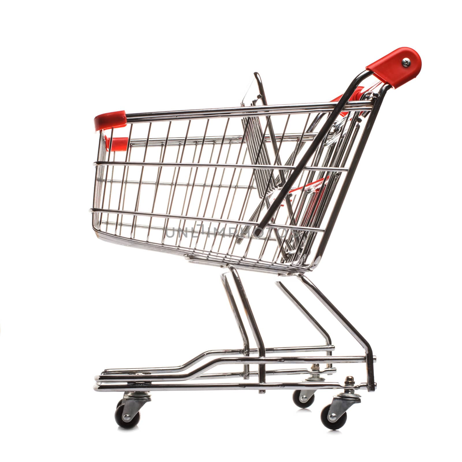 Red matal shopping trolley isolated on white background