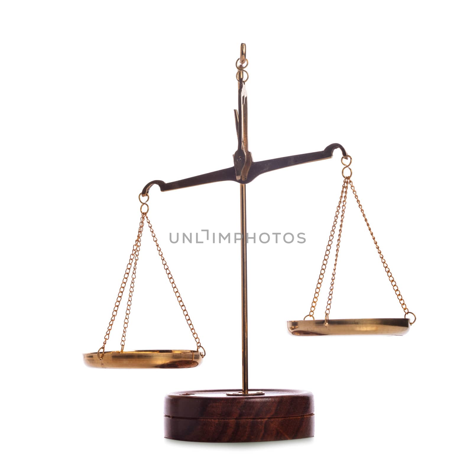 Unbalanced golden vintage scales isolated on white