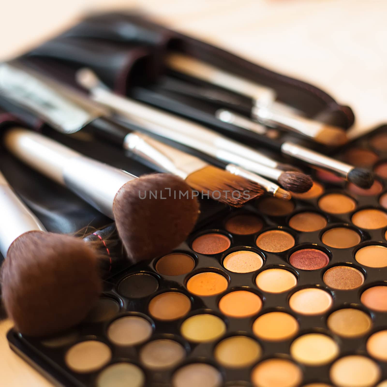 Eye shadow palette in natural colours and make up brushes