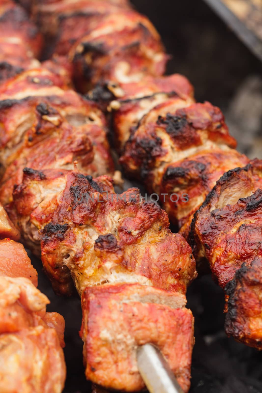 Shashlik on skewers closeup - roasted meat slices