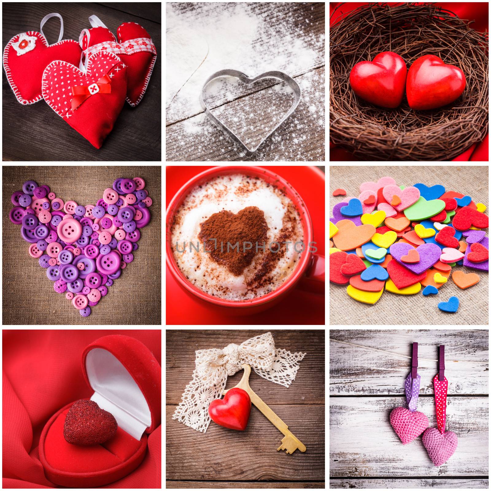 Various hearts for Valentine's day. Valentine decorations. Collage of nine photos