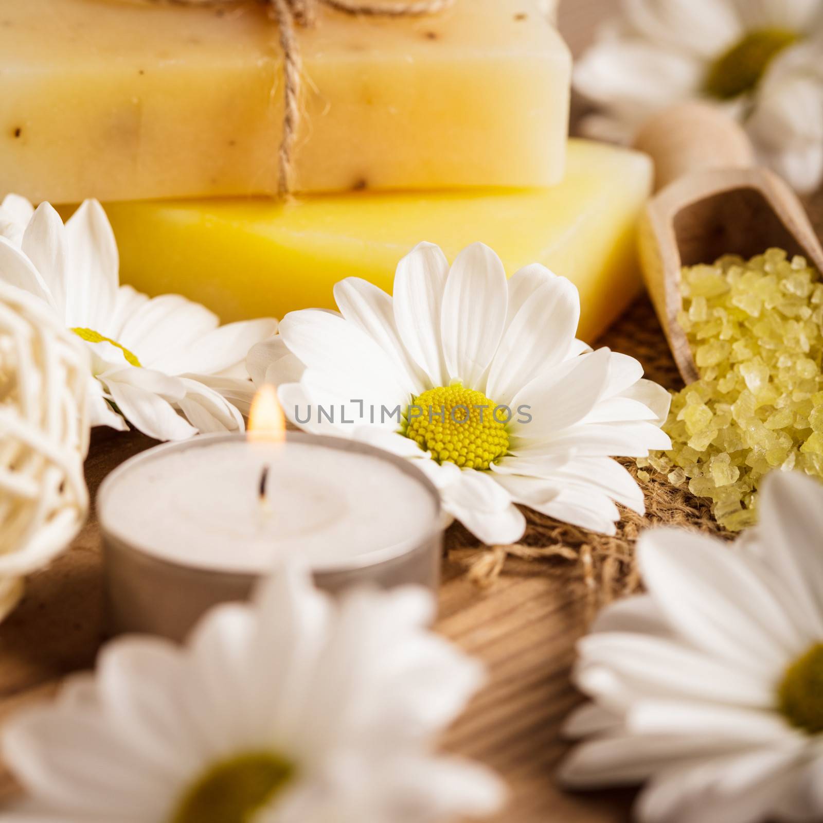 Natural cosmetics concept: soap with daisies