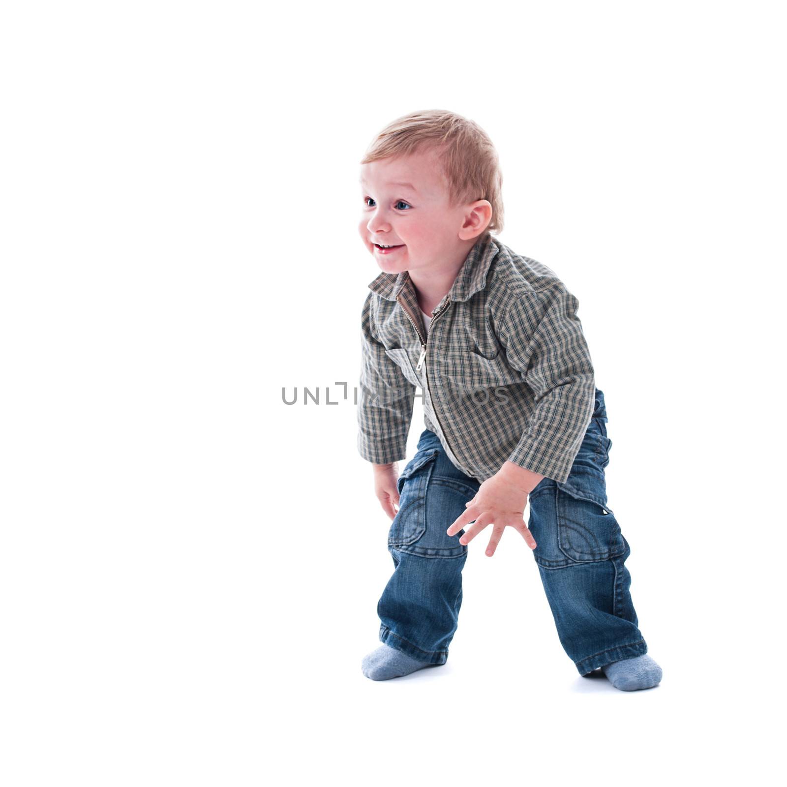 Cute playful one year toddler isolated on white background