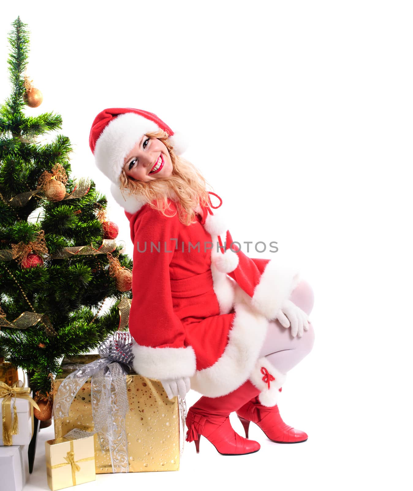  Christmas santa girl with gifts and decorated fir-tree.