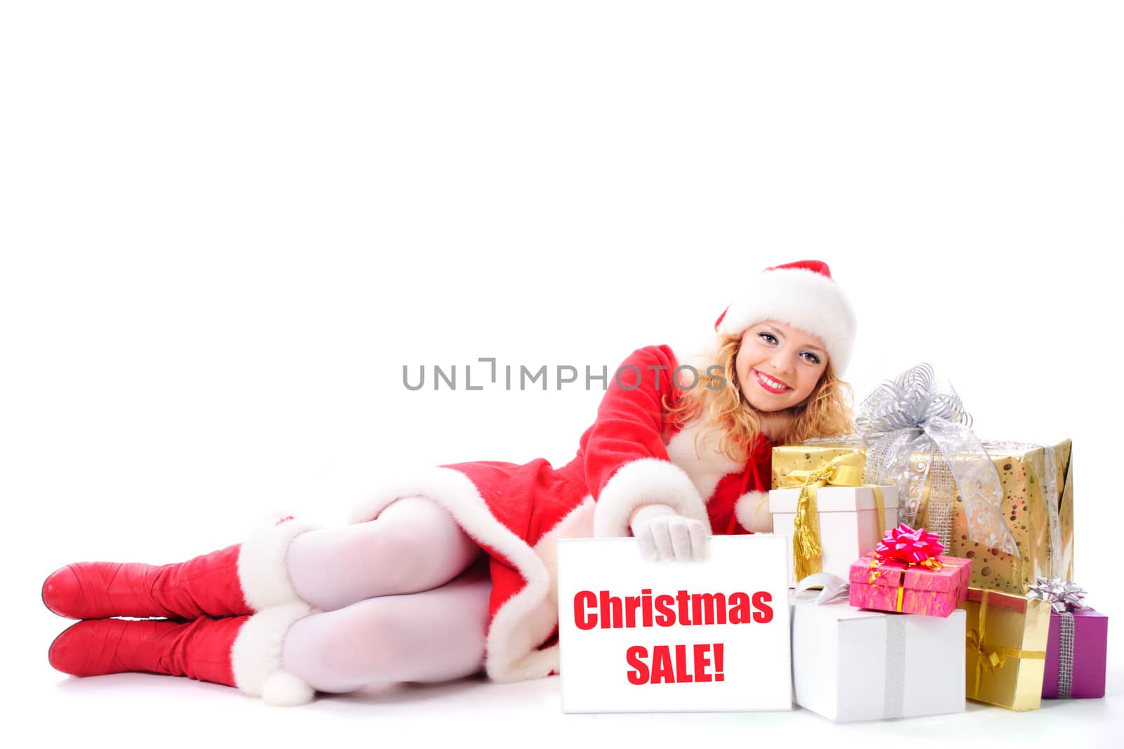  Christmas santa girl with placard "Christmas sale"