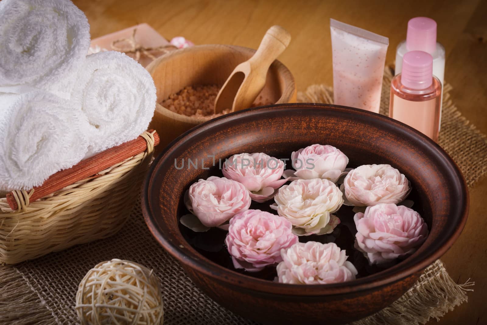 Spa with roses, manicure, relaxing bath and cosmetics