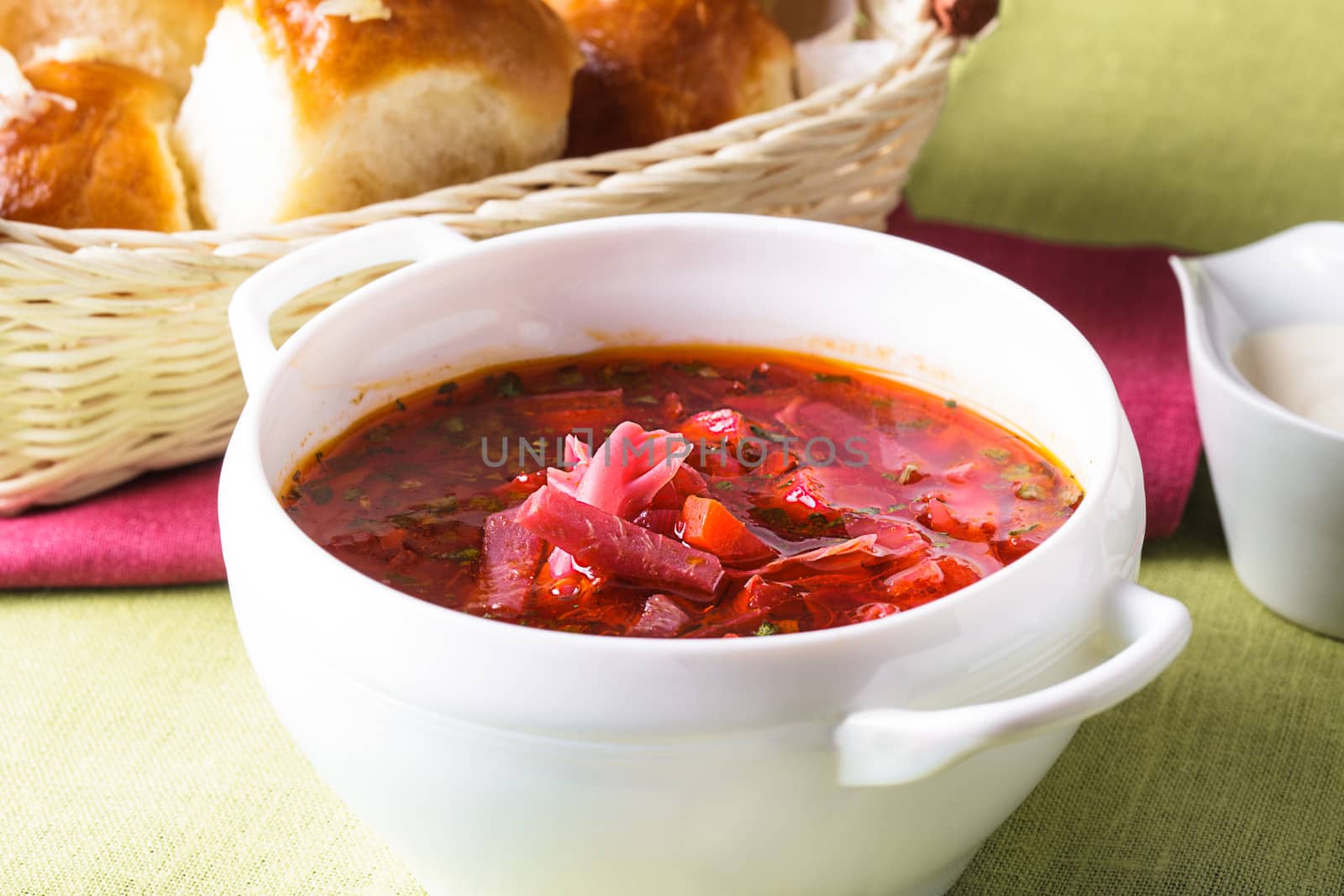 Russian cuisine - borsch - beetroot soup in a bowl