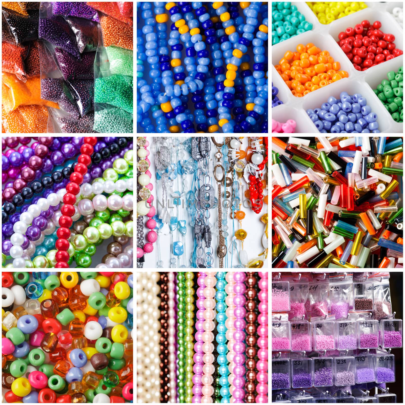 Collage of a variety of beads for necklaces