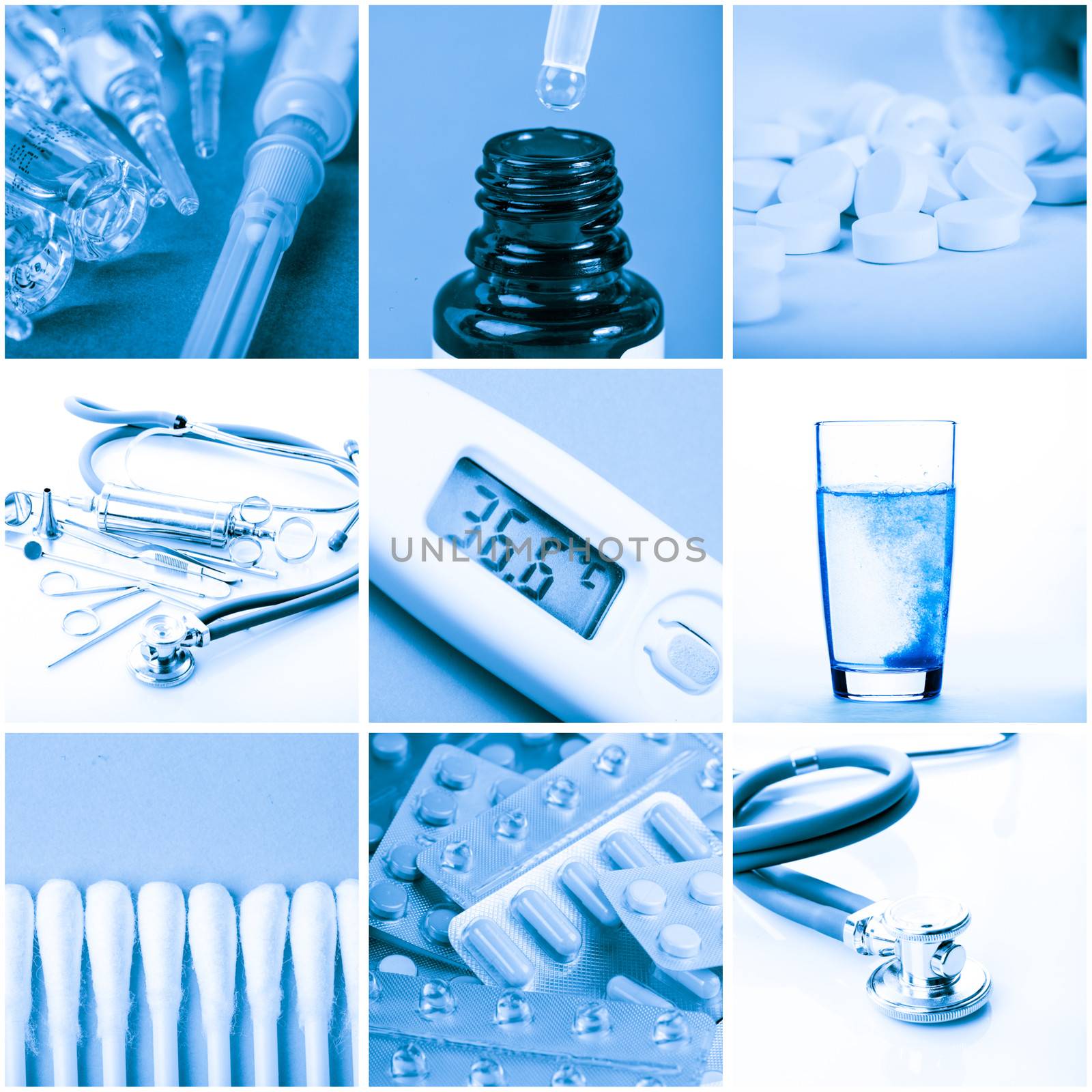 Medicine concept - tools and drugs in blue tone