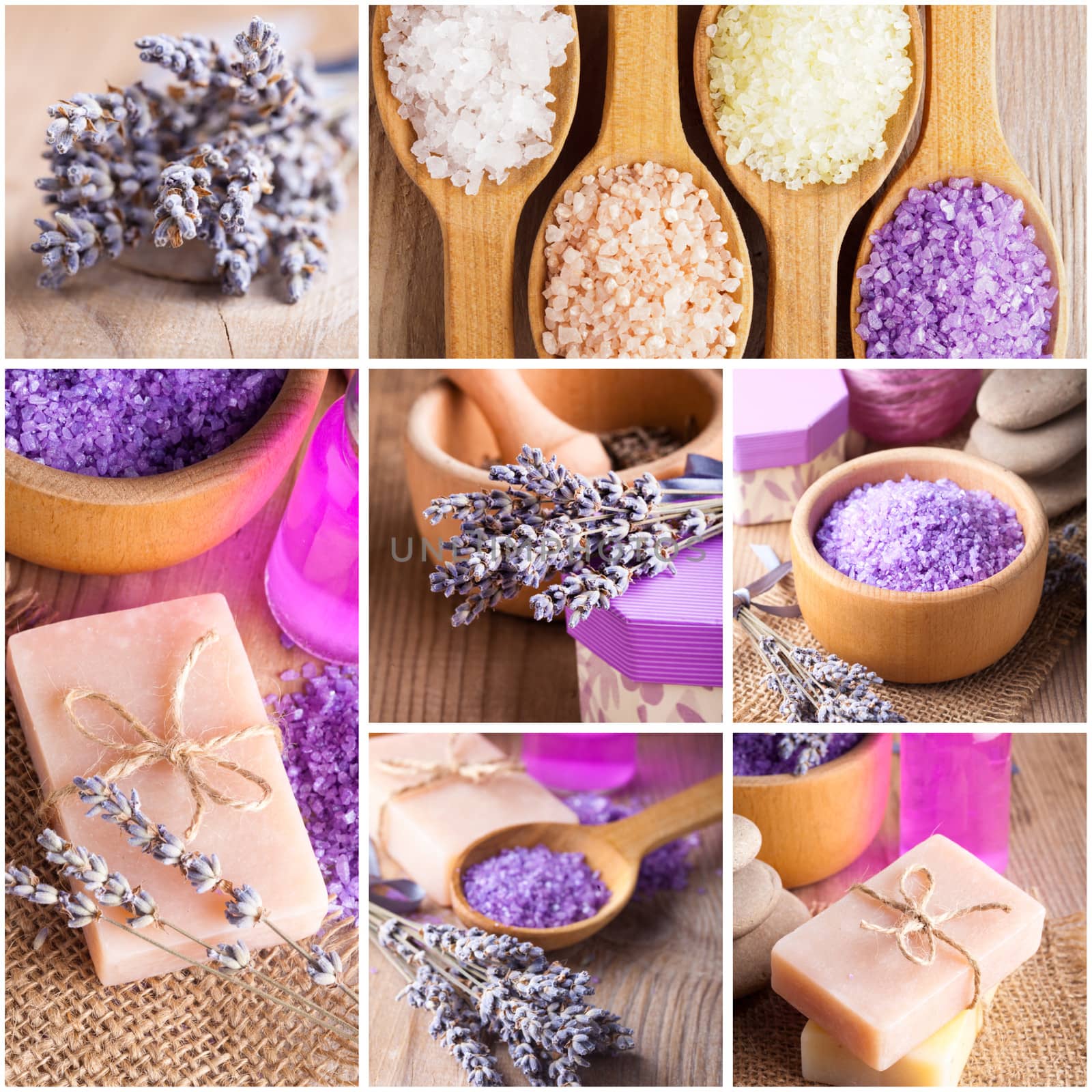 Lavender treatment soap and sea salt on wooden table