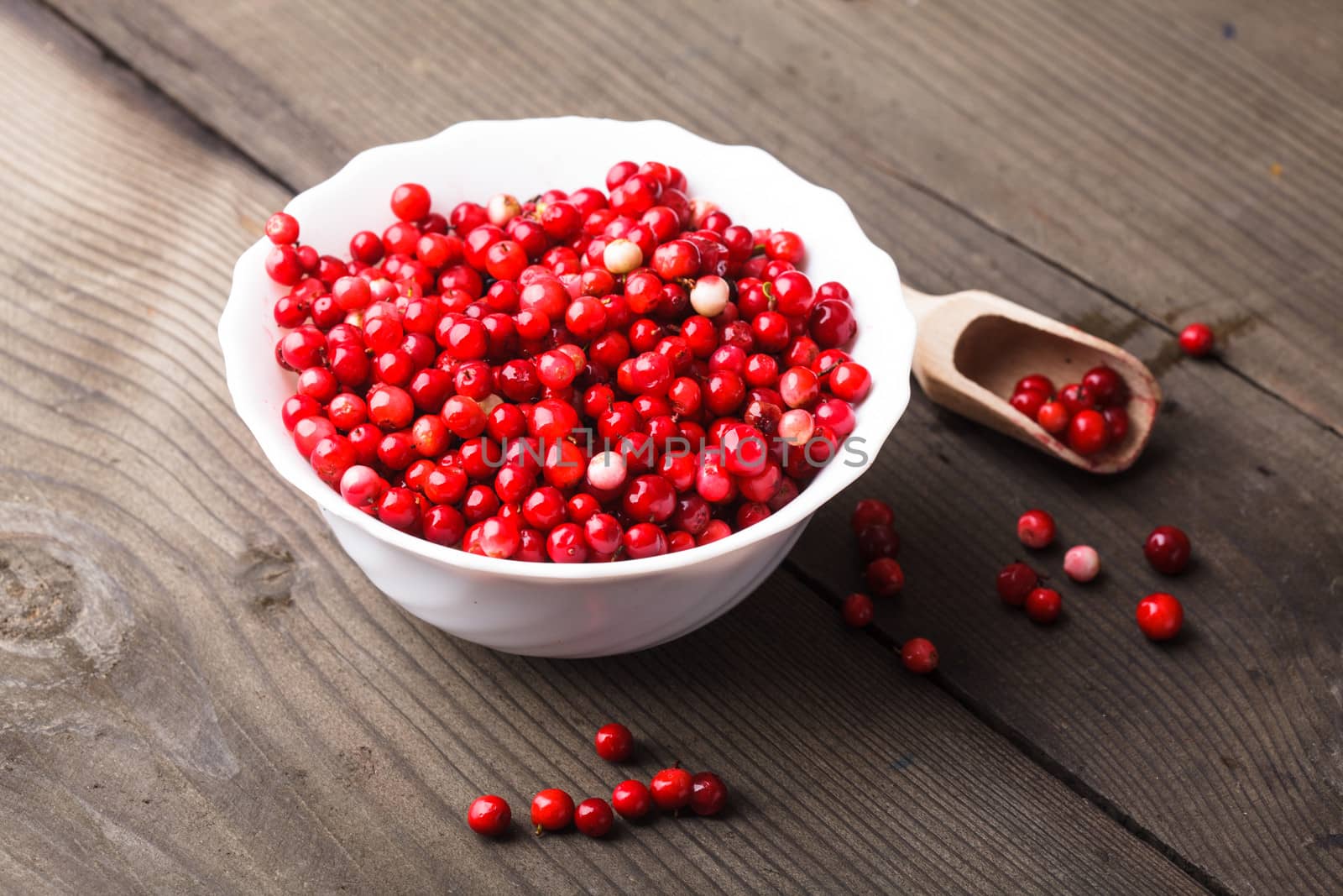 Cowberry in the bowl on the table