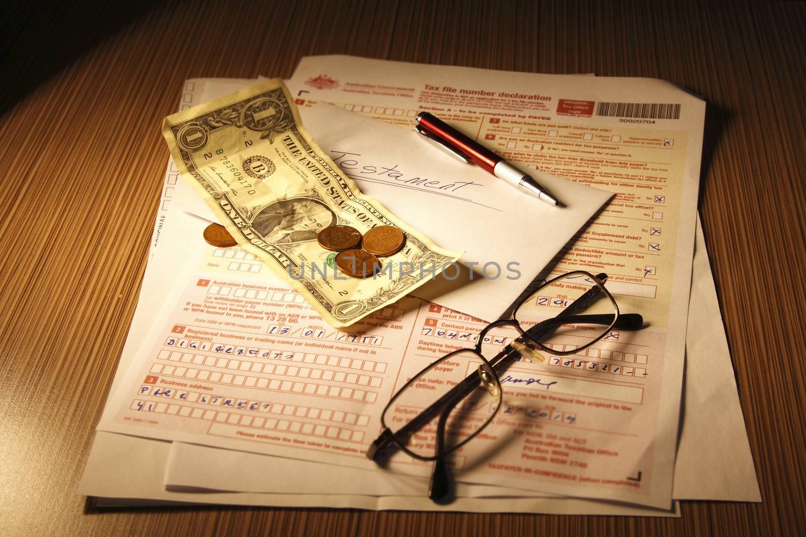 Tax declaration with testament on the desk.