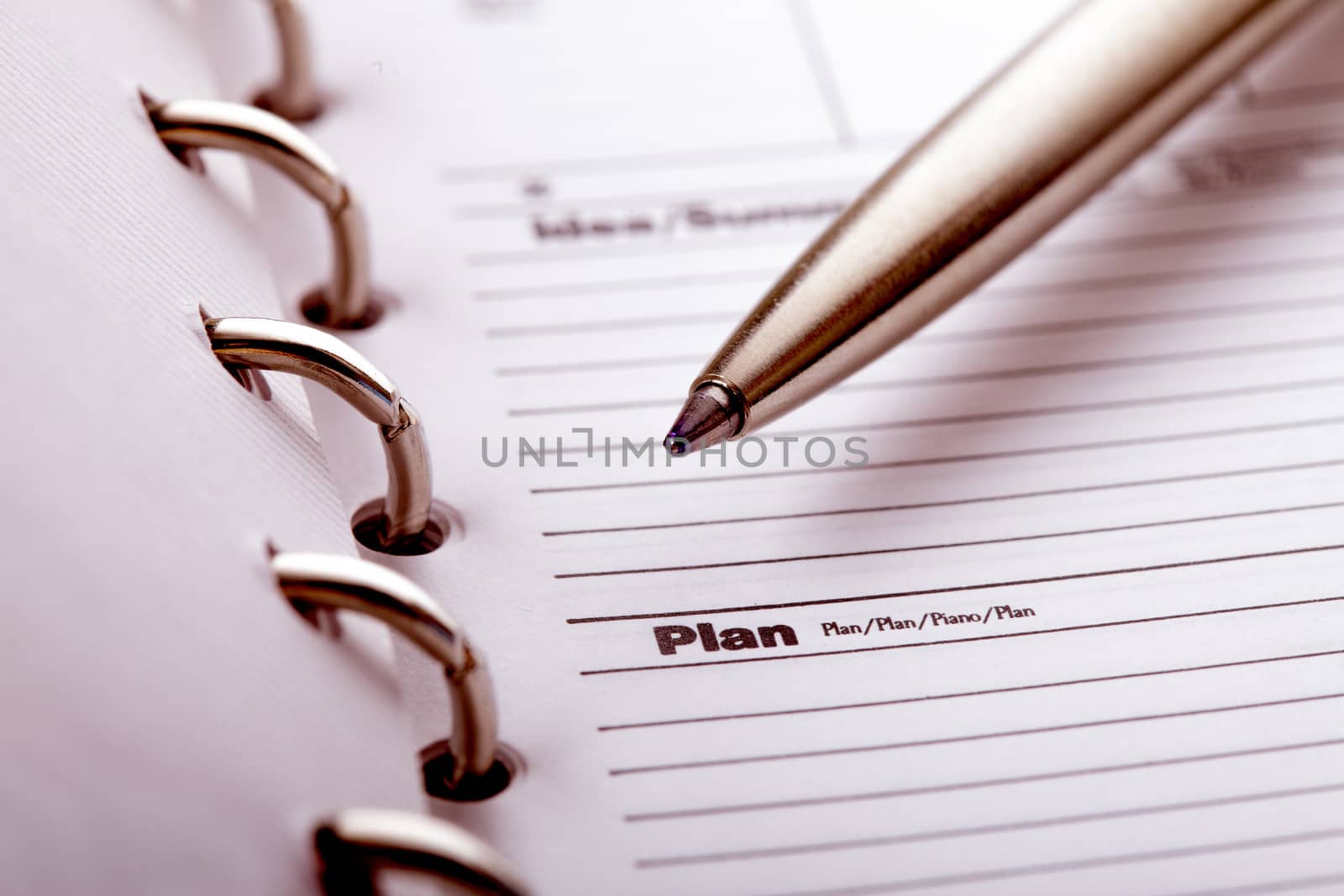 The word plan and pen closeup in organizer