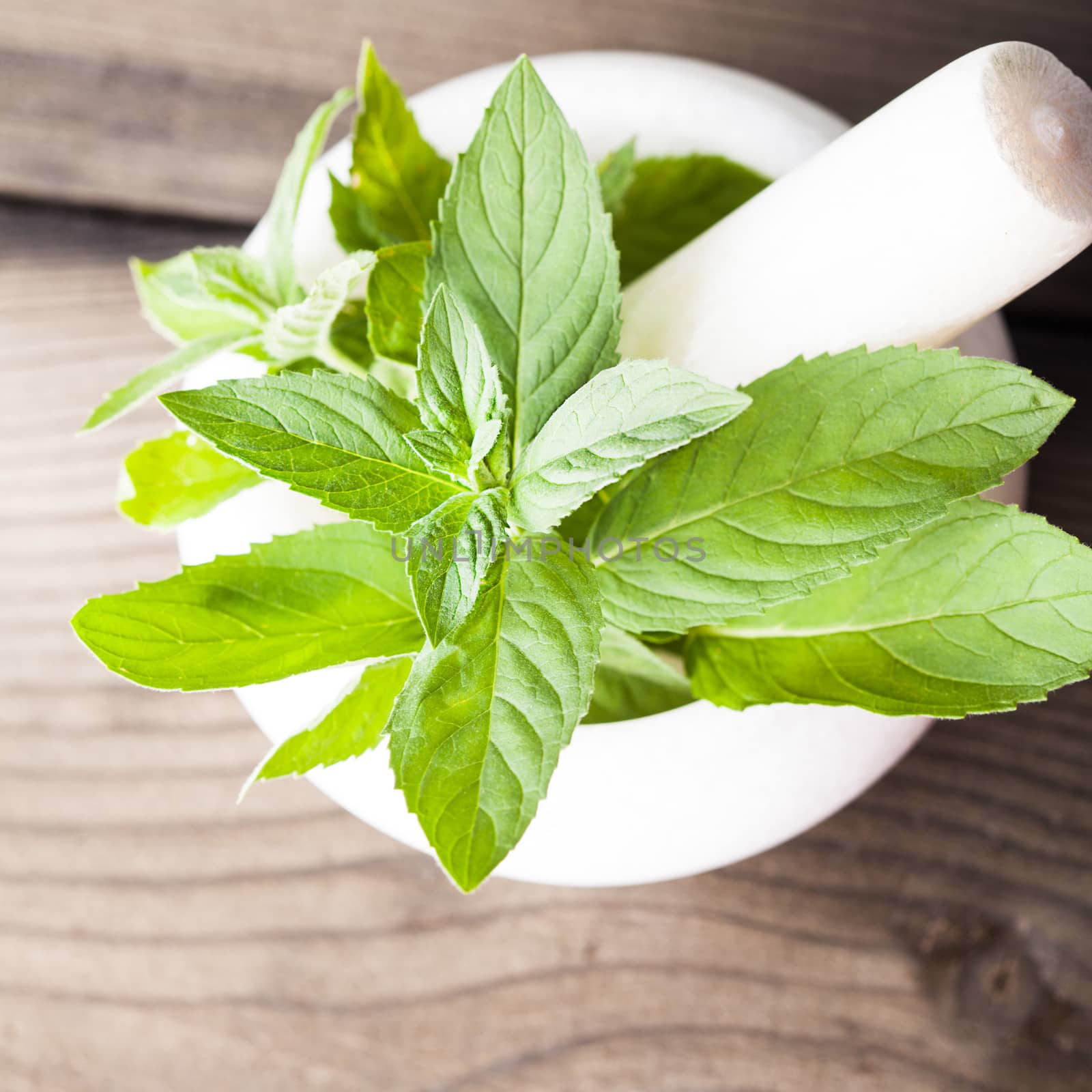 Fresh green mint in mortar on the table, shallow DOF