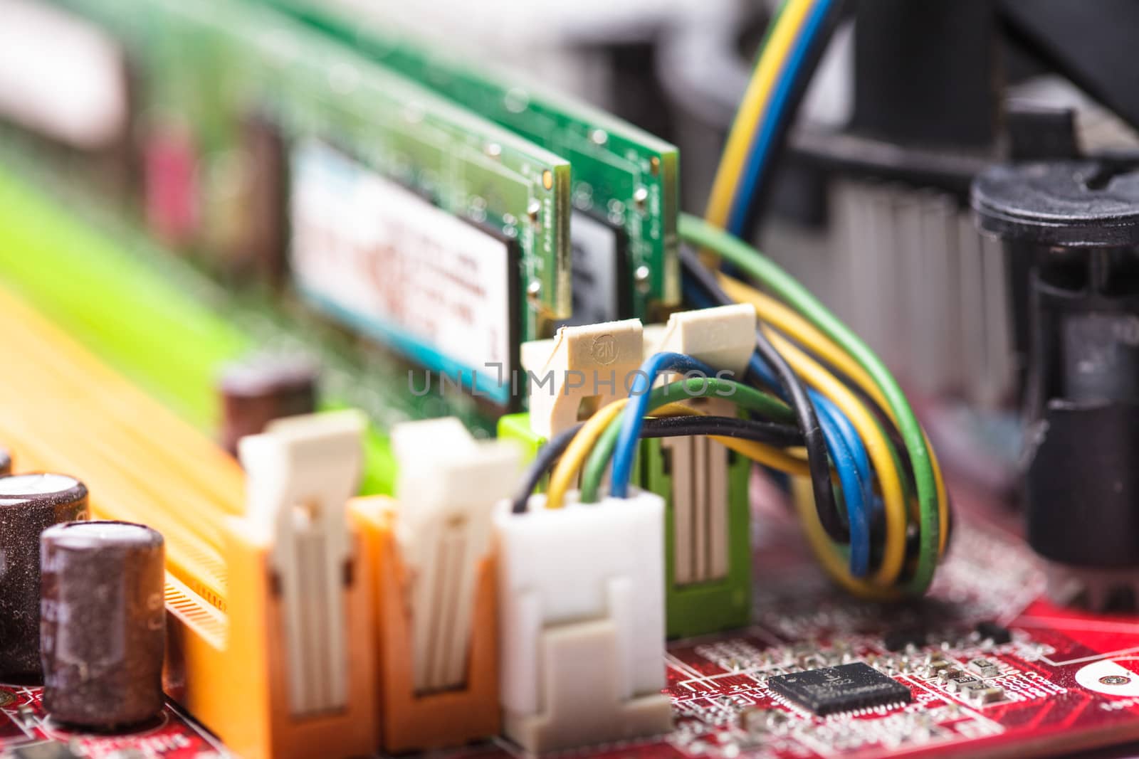 RAM socket closeup on the computer motherboard