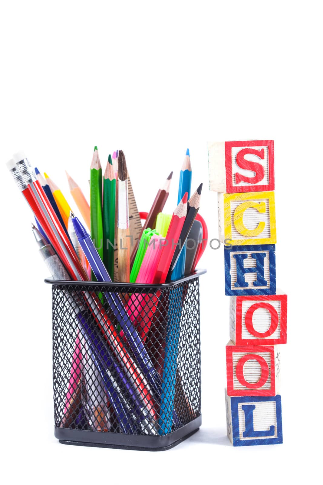 Black pencil cup with stationary for school