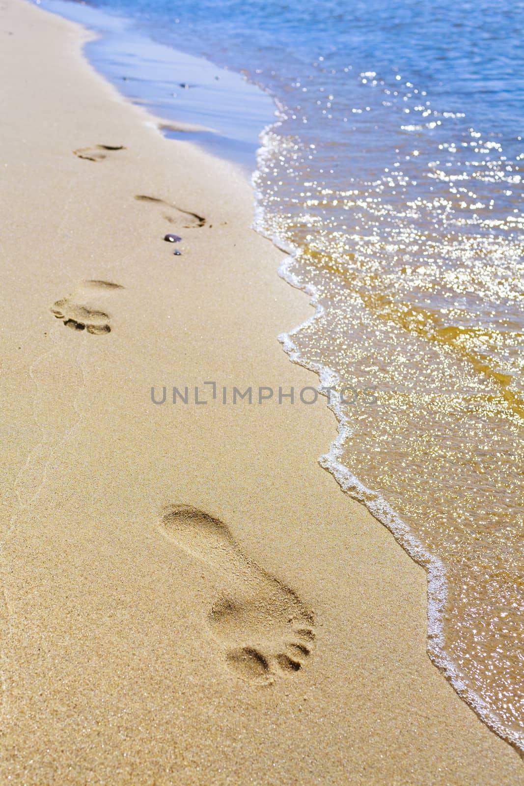 Clear footprints on the beach by the sea, visible yellow sand and blue sea.