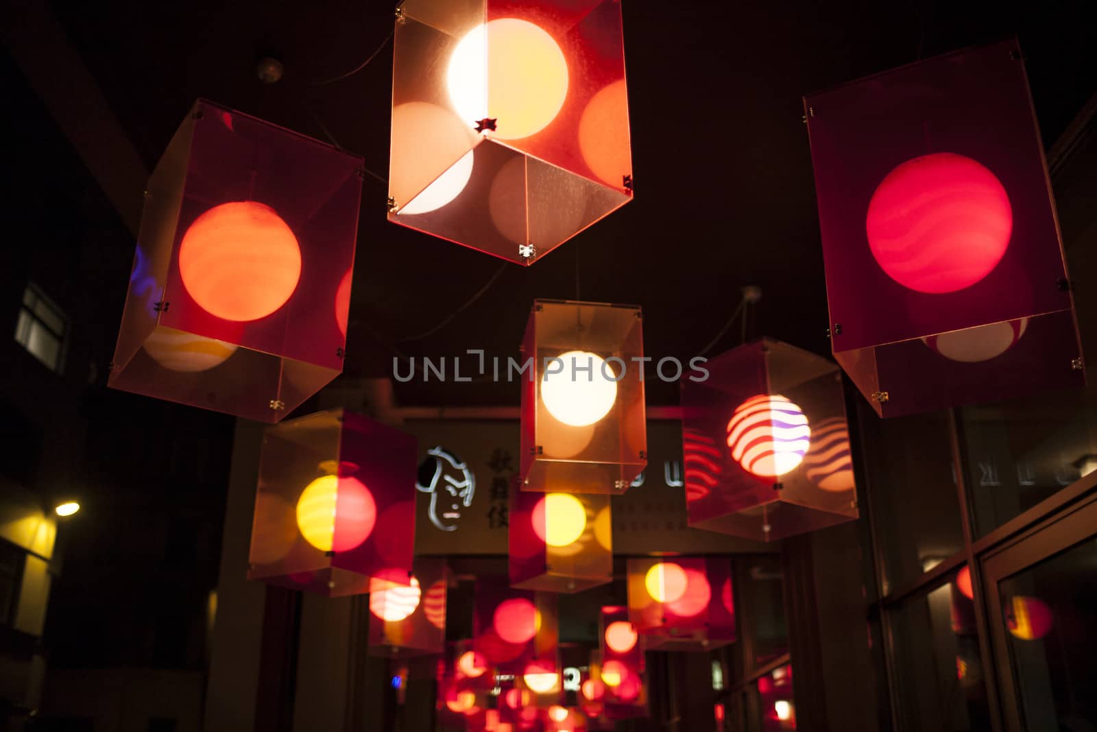 Red lanterns, lamps above the shop entrance, oriental style, chinese.