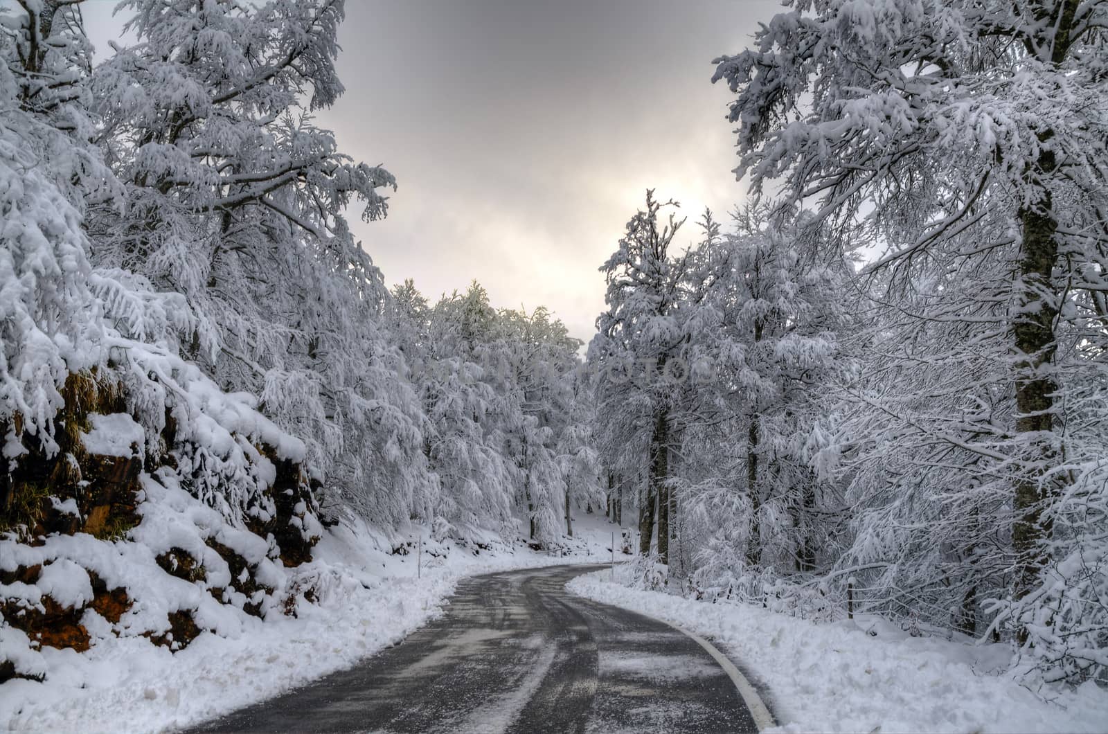 Snowy road high in the mountain.
